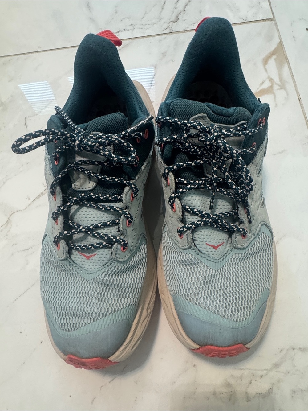 Used Hoka Women's Light Blue and Teal Running Sneakers with Coral Accents - Picture 9 of 9